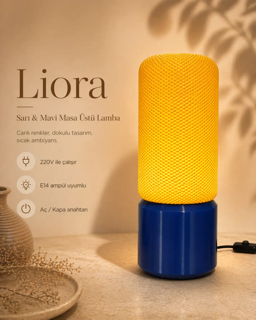 Liora lamba sarı abajur ve lacivert gövde