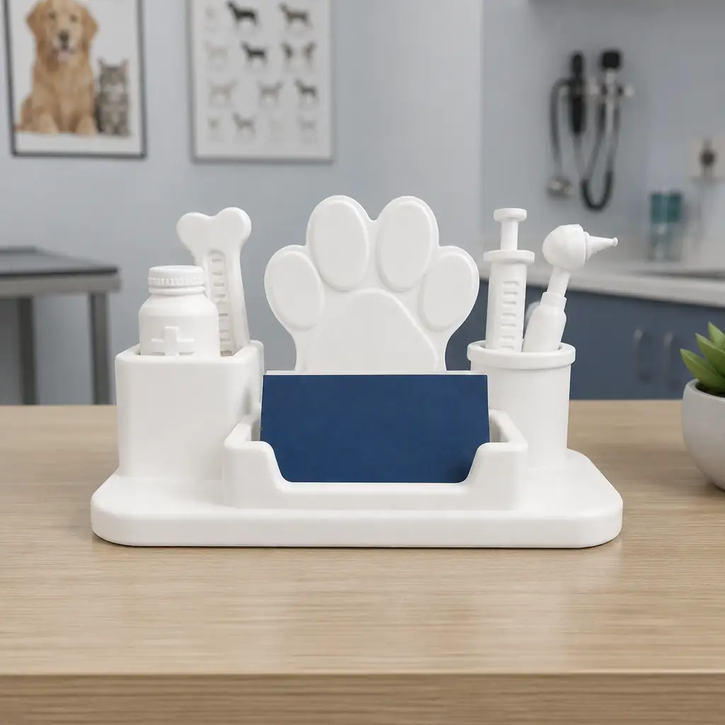 Pati figürlü veteriner kartvizitlik, klinik masasında