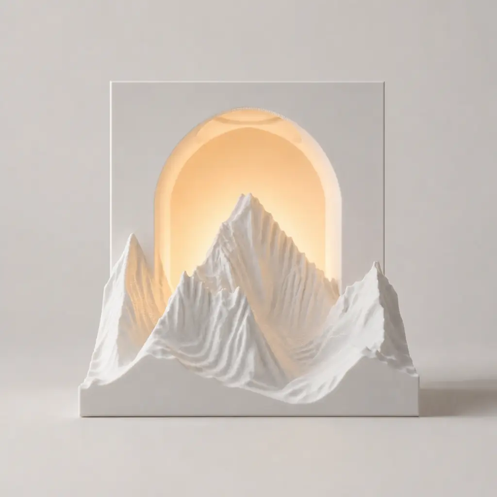 Dağ silüetli abajur sıcak ışıkla, çalışma masası için