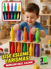 Renk tahmin oyunu oynayan çocuk, şişe eşleme oyunu