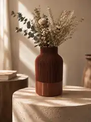 Kahverengi çizgili vazo kuru çiçeklerle, sehpa üstünde