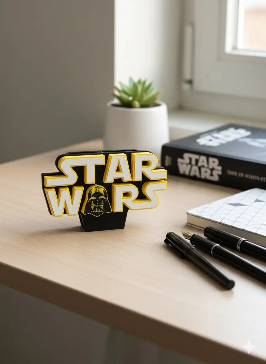 Star Wars logolu kalemlik çalışma masasında