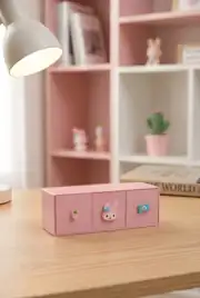 Karakterli pembe saklama kutusu çocuk odası masasında