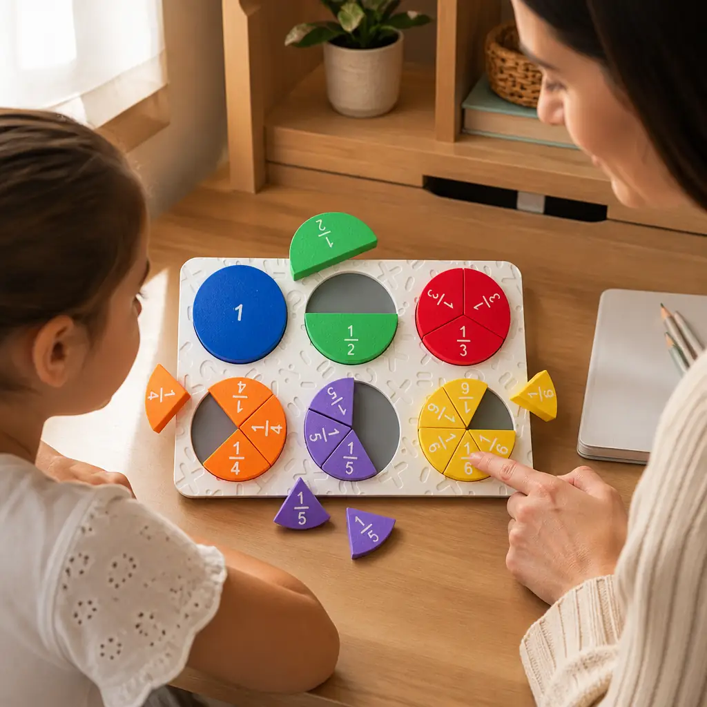 Kesir puzzle oyunuyla oynayan çocuk, eğitici aktivite