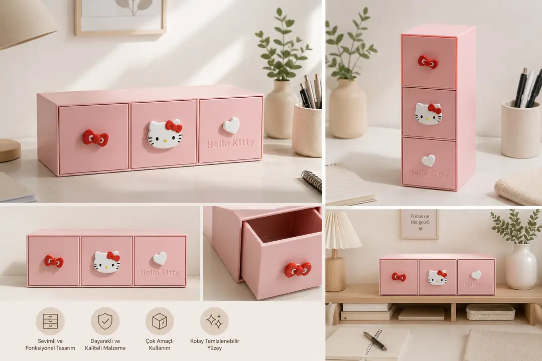 Pembe çekmeceli masaüstü düzenleyici kullanım görselleri