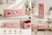 Pembe çekmeceli masaüstü düzenleyici kullanım görselleri