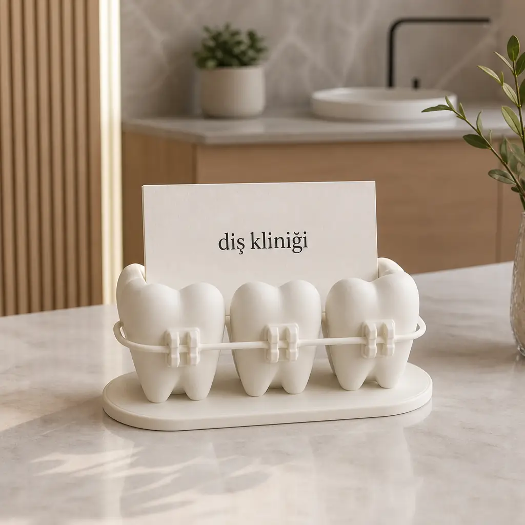 Beyaz diş temalı kartvizitlik, diş kliniği kartıyla