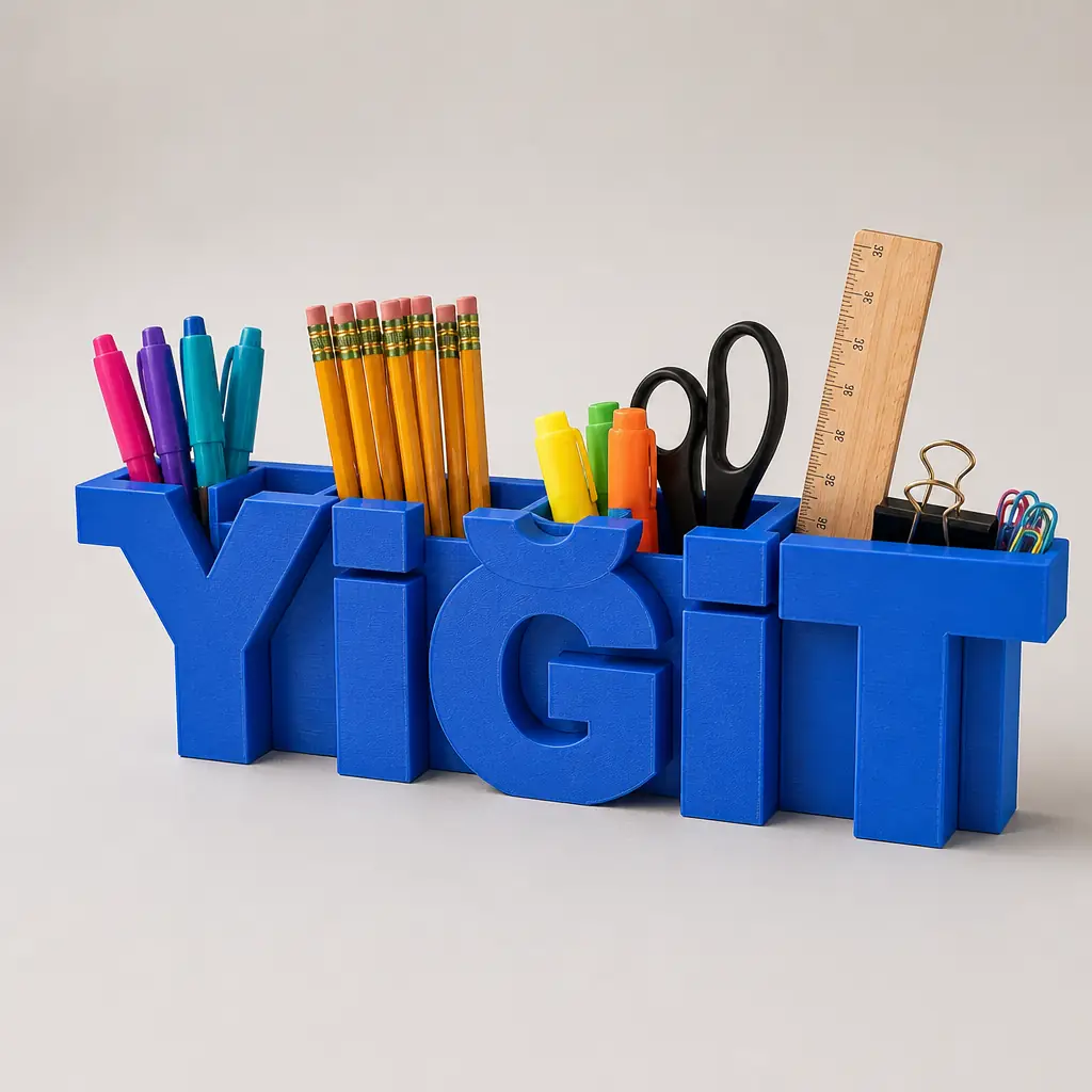 Mavi isimli masa organizeri, kırtasiye malzemeleriyle