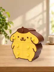 Sarı puding köpek çekmeceli organizer, ahşap masada