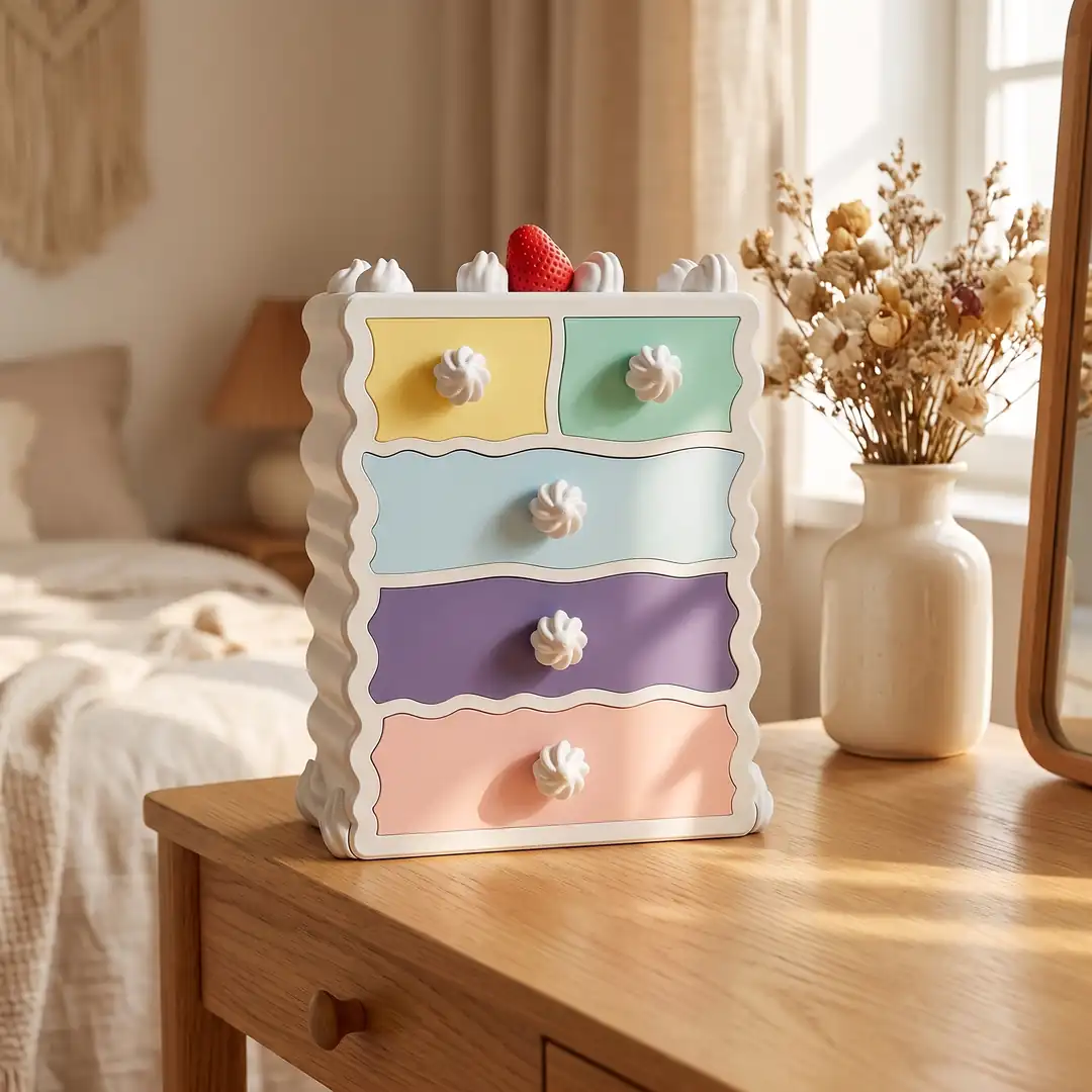 Pastel çekmeceli pasta organizer, komodin üstünde
