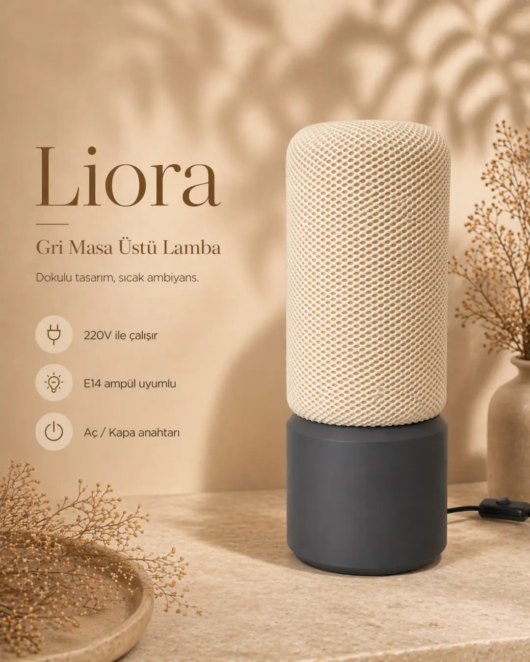Liora masa lambası gri gövdeli, dokulu abajur