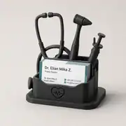 Siyah doktor kartlık ve kalemlik, muayenehane masasında