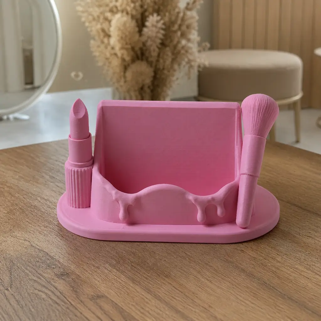 Ruj ve fırça figürlü pembe kartvizitlik